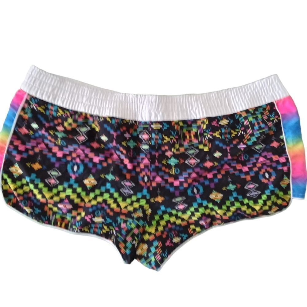 OP Black Neon Aztec Print Women’s Shorts with White Waistband - Picture 2 of 7